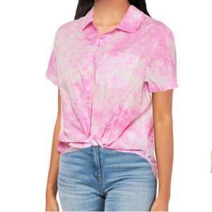 Lucky Top Pink Tie Dye Blouse Women XL Cotton Button Down Tie Front Shirt Spring